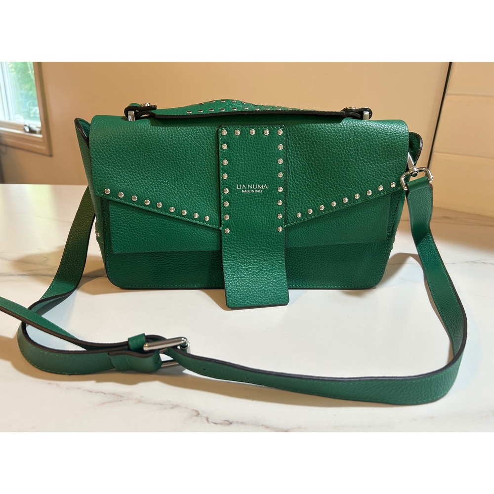 Lia Numa Green Pebbled Leather Studded Crossbody Bag Made in Italy Satchel